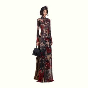 duc-red-floral-crane-bird-tattoo-all-over-dress-1 Duc Studio RED FLORAL CRANE BIRD TATTOO ALL OVER DRESS