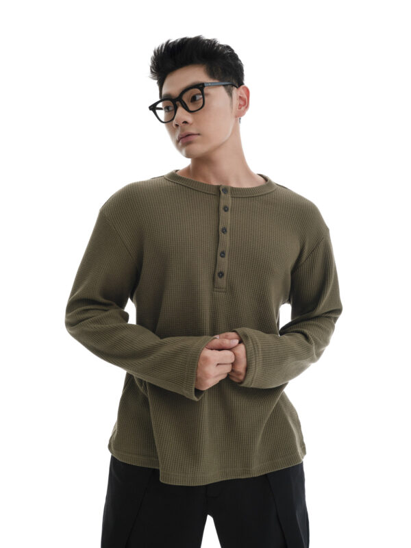 HOWS｜Waffle LONG Sleeve Henley / MOSS