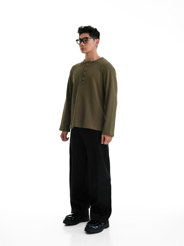 HOWS｜Waffle LONG Sleeve Henley / MOSS