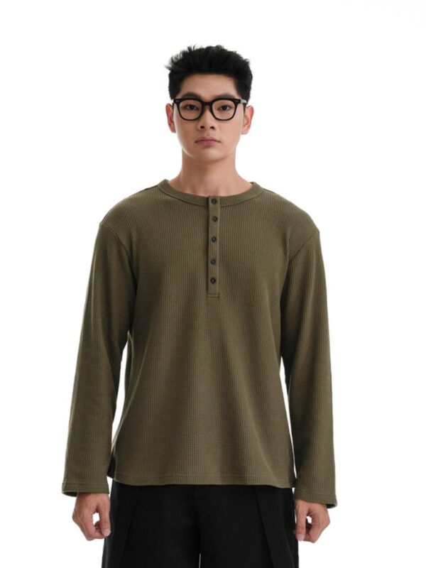HOWS｜Waffle LONG Sleeve Henley / MOSS