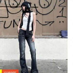 TWENTI Y2k 黑水洗短襠喇叭牛仔褲